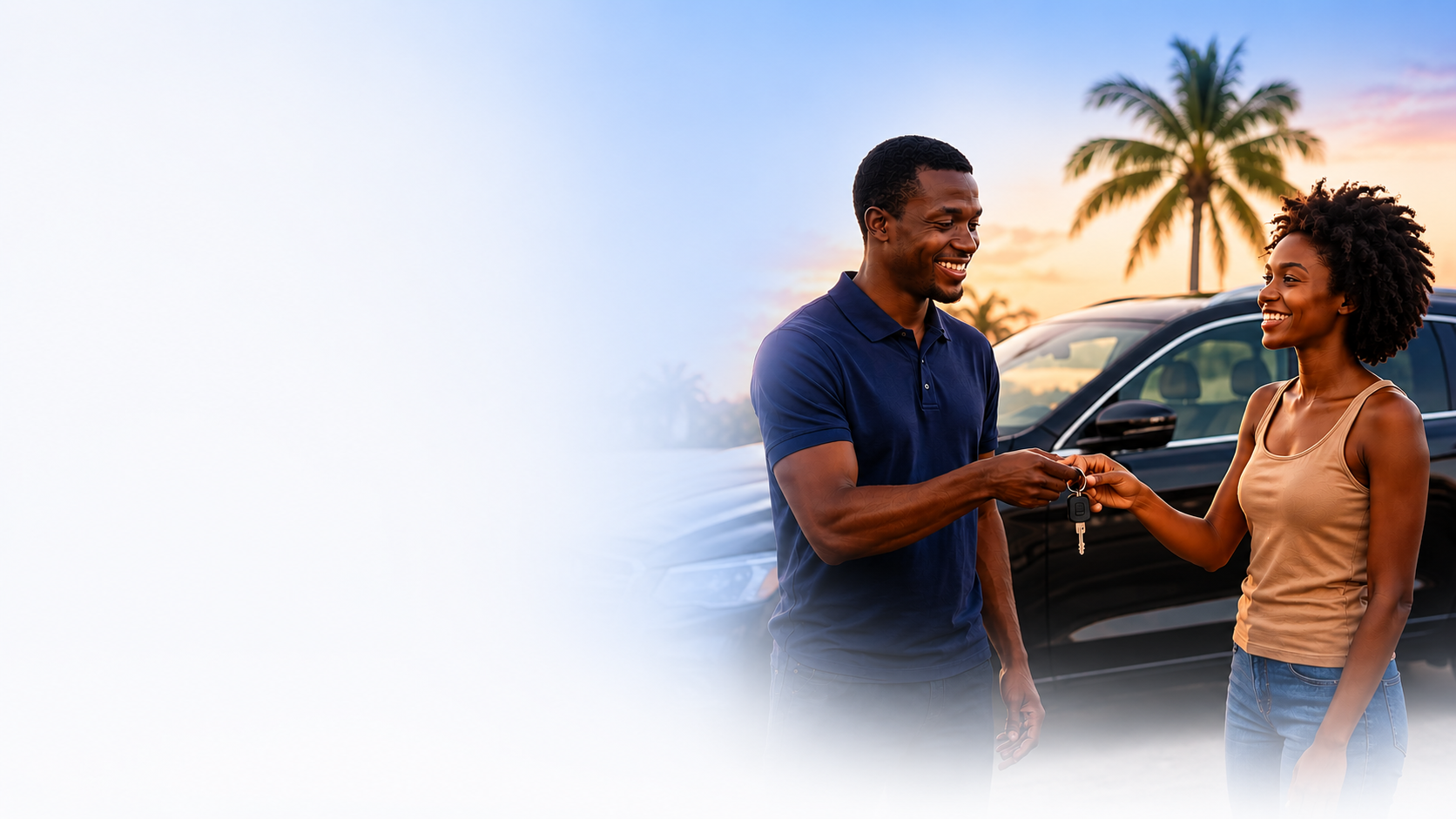 Rental agent handing keys to a customer beside a luxury vehicle at sunset