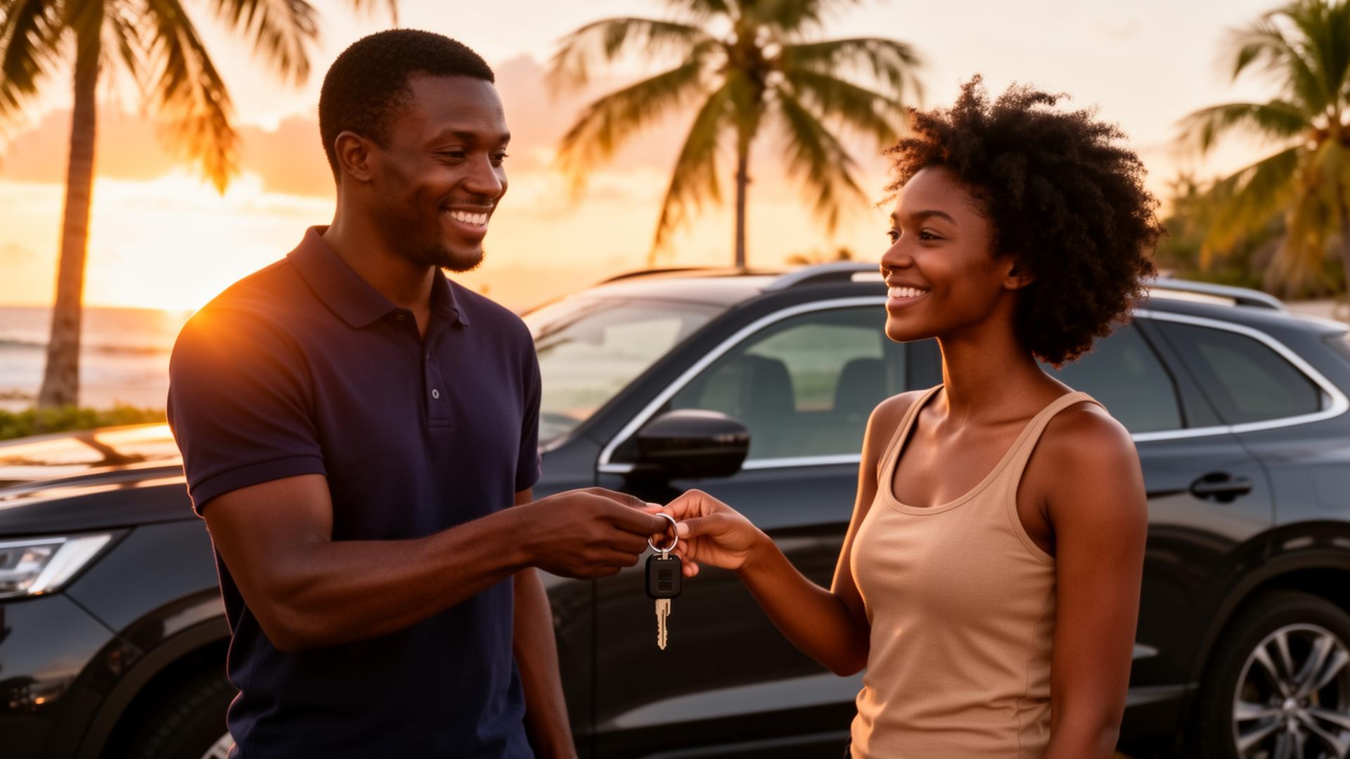 Rental agent handing keys to a customer beside a luxury vehicle on a tropical island